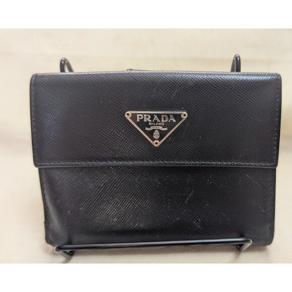 PRADA Wallet Saffiano Leather Black Double Sided Authentic - Picture 1 of 5